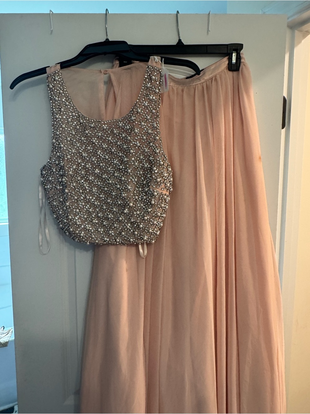 Sequin Hearts Blush Pink Beaded Crop Top & Maxi Skirt Set